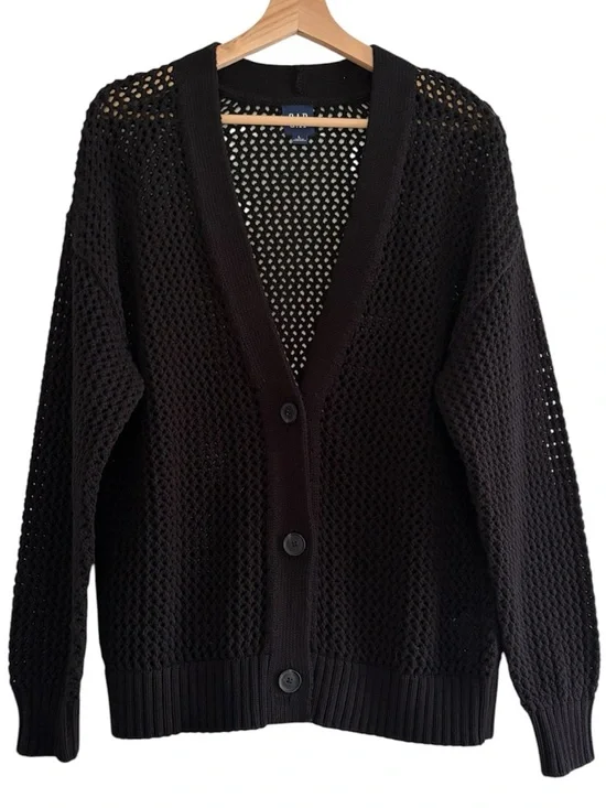 GAP Crochet Cardigan Sweater Black Open Knit Beachy Oversized Button Up Size L - Picture 6 of 16